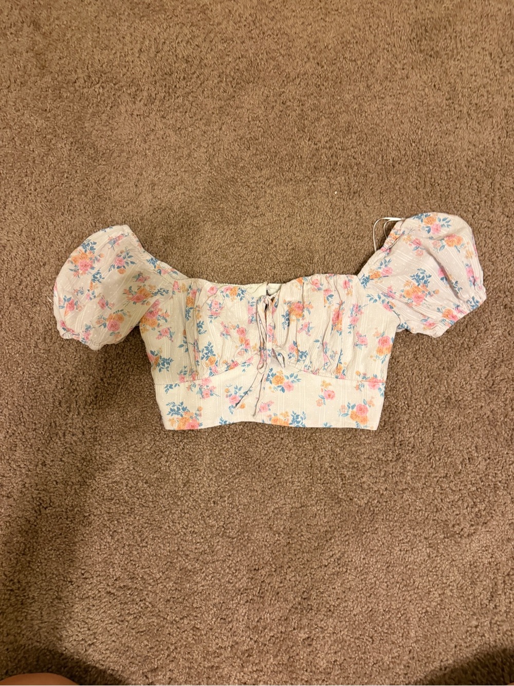 Altar'd State Cream Floral Puff-Sleeve Crop Top with Pink & Blue Blooms